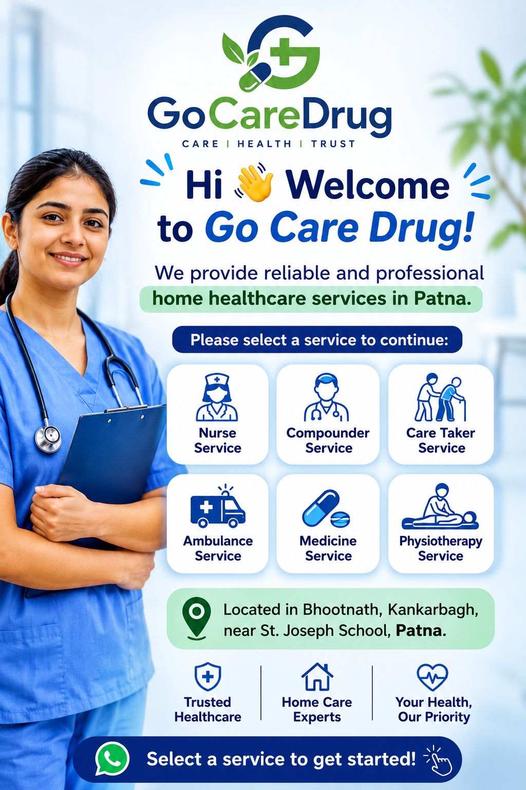 Nurse welcoming patients to GO CARE DRUG home healthcare